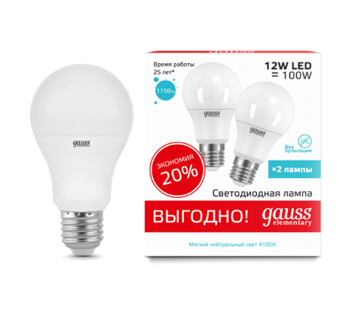 Лампа светодиодная Elementary A60 12W 4100K E27 (2 лампы в упаковке) LED 1/50  23222P  Gauss