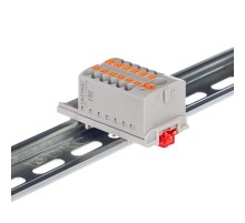 Блок распределительный с верт. адапт. на рейки шириной 15/35мм, зажим push-in, 1 ввод 6 кв.мм, 12 точки подкл. 2,5 кв.мм, красный  DTP1-112-104SPUR-V