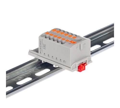 Блок распределительный с верт. адапт. на рейки шириной 15/35мм, зажим push-in, 1 ввод 6 кв.мм, 12 точки подкл. 2,5 кв.мм, красный  DTP1-112-104SPUR-V