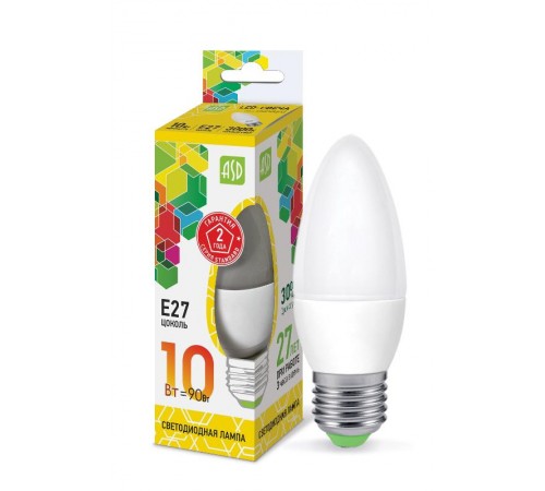 Лампа светодиодная LED-СВЕЧА-standard 10Вт 230В Е27 3000К 900Лм  4690612015538  ASD