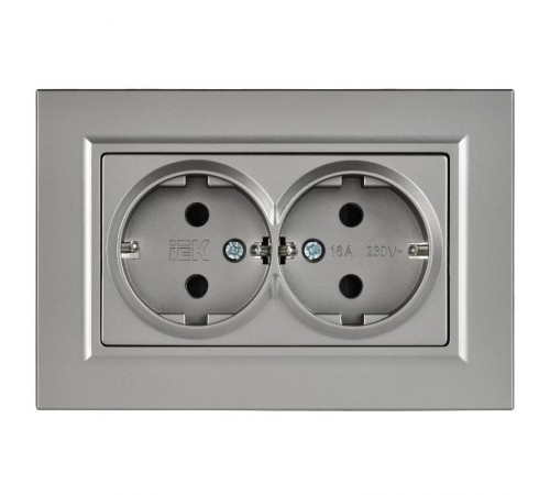 BRITE Розетка 2-местная с заземлением с защитными шторками плоская 16А в сборе РСшПл12-3-БрС сталь   BR-R28-16-K46-F  IEK