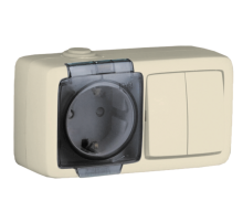БА16-222-01 Блок открытой установки, брызгозащищенный , розетка с заземляющим контактом и шторками+двухклавишный выключатель, слоновая кость  БА16-22
