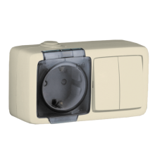 БА16-222-01 Блок открытой установки, брызгозащищенный , розетка с заземляющим контактом и шторками+двухклавишный выключатель, слоновая кость  БА16-22