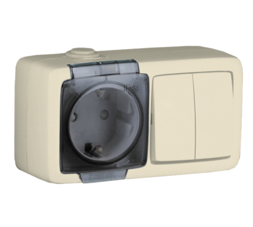 БА16-222-01 Блок открытой установки, брызгозащищенный , розетка с заземляющим контактом и шторками+двухклавишный выключатель, слоновая кость  БА16-22