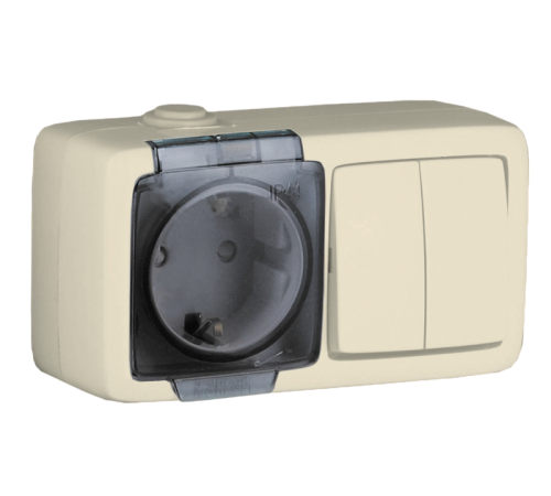 БА16-222-01 Блок открытой установки, брызгозащищенный , розетка с заземляющим контактом и шторками+двухклавишный выключатель, слоновая кость  БА16-22