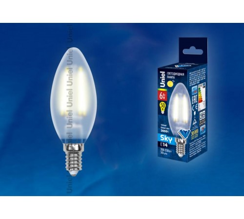 Лампа светодиодная LED-C35-6W/WW/E14/FR PLS02WH LED. "свеча", мат.. Серия Sky. 3000К .  UL-00000305  Uniel