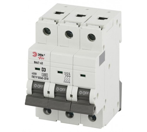 Автоматический выключатель PRO VA63-3P3D6 ВА47-63 3P 3А кривая D 6кА   Б0063222  ЭРА