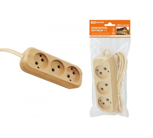 Удлинитель бытовой У3 3 гнезда, 3метра,2П б/з, ПВС 2х0,75мм2 "Эко" (сосна) 10А/250В  SQ1303-2201  TDM