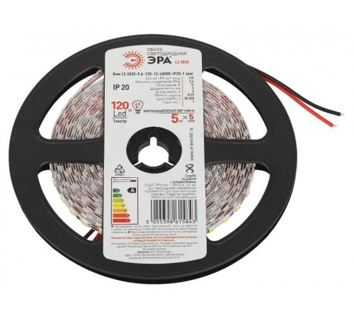 Лента светодиодная узкая 5мм LS 2835-9,6-120-12-4000K-IP20-1 year-5m  Б0053980  ЭРА