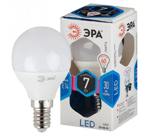Лампа светодиодная LED 7Вт E14 220В 4000К smd P45 шар  Б0020551  ЭРА
