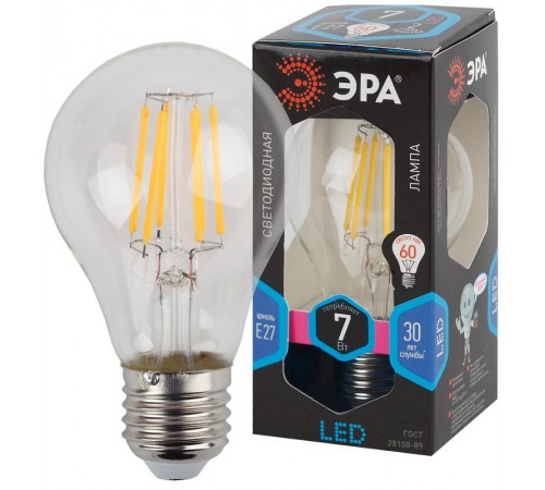 Лампа светодиодная F-LED A60-7W-840-E27 (филамент, груша, 7Вт, нейтр., Е27)  Б0043447  ЭРА