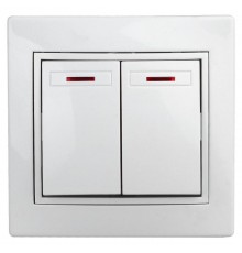 Выключатель двойной с подсветкой, 10А-250В, IP20, СУ, Plano, белый  Б0027603  Intro