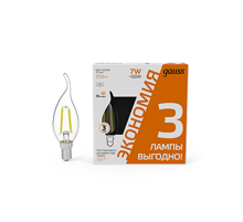 Лампа светодиодная Filament Свеча на ветру 7W 550lm 2700К Е14 LED (3 лампы в упаковке) 1/20  104901107T  Gauss