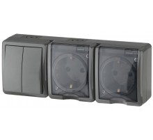 Блок две розетки+Выключатель 2-клавишный 11-7404-03 IP54, 16АХ(10AX)-250В, ОУ, Эксперт, Серый (5 Б0027676  ЭРА