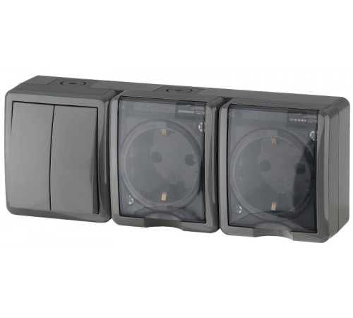 Блок две розетки+Выключатель 2-клавишный 11-7404-03 IP54, 16АХ(10AX)-250В, ОУ, Эксперт, Серый (5 Б0027676  ЭРА