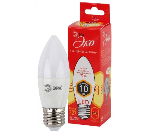 Лампа cветодиодная ECO LED B35-10W-827-E27 (диод, свеча, 10Вт, тепл, E27) (10/100/3500)  Б0032962  ЭРА