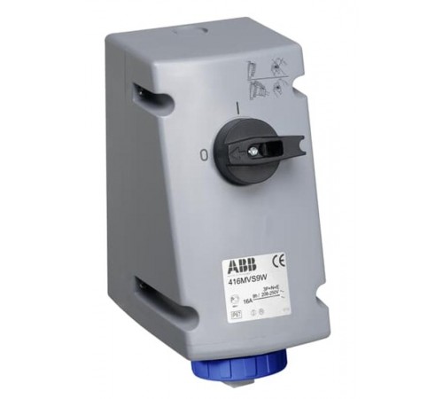 Розетка с выключателем и механической блокировкой 332MVS9W, 32A, 3P+E, IP67, 9ч  2CMA167881R1000  ABB
