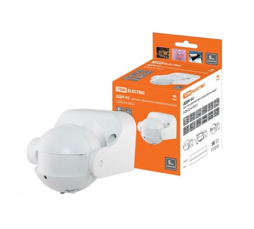 Датчик движения ДДМ-02С 5,8ГГц 1200Вт, 10-720с, 5-15м, 3+лк, 180гр, IP44,  SQ0324-0021  TDM