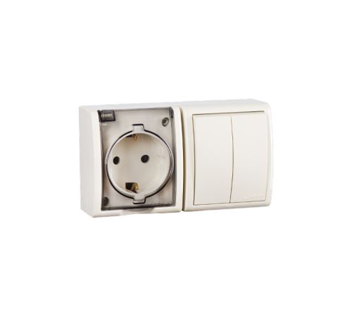 Блок IP54. Розетка с крышкой и заземлением Schuko 2Р+Е 16A + Двухклавишный выключатель 10AX 250В цвета слоновая кость S15 Aqua  1594515-031  Simon