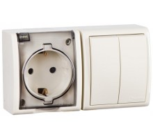 Блок IP54. Розетка с крышкой и заземлением Schuko 2Р+Е 16A + Двухклавишный выключатель 10AX 250В цвета слоновая кость S15 Aqua  1594515-031  Simon