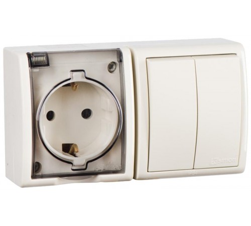 Блок IP54. Розетка с крышкой и заземлением Schuko 2Р+Е 16A + Двухклавишный выключатель 10AX 250В цвета слоновая кость S15 Aqua  1594515-031  Simon