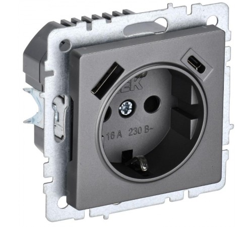 BRITE Розетка с заземлением со шторками 16А с USB A+C 18Вт РЮш11-1-БрС сталь  BR-R14-16-U22-018-K46  IEK