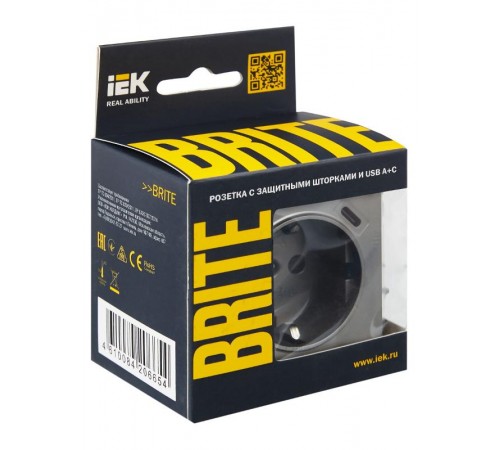 BRITE Розетка с заземлением со шторками 16А с USB A+C 18Вт РЮш11-1-БрС сталь  BR-R14-16-U22-018-K46  IEK