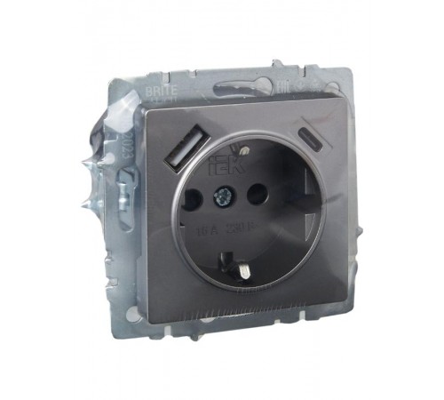 BRITE Розетка с заземлением со шторками 16А с USB A+C 18Вт РЮш11-1-БрС сталь  BR-R14-16-U22-018-K46  IEK