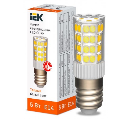 Лампа светодиодная CORN капсула 5Вт 230В 3000К керамика E14 IEK  LLE-CORN-5-230-30-E14  IEK