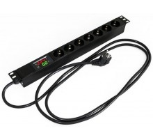 SHE19-7SH-AV-2.5EU Блок розеток для 19" шкафов, горизонтальный, 7 розеток Schuko, амперметр/вольтметр, 482.6x44.4x44.4мм  412282  Hyperline