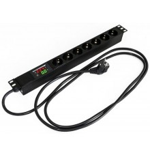 SHE19-7SH-AV-2.5EU Блок розеток для 19" шкафов, горизонтальный, 7 розеток Schuko, амперметр/вольтметр, 482.6x44.4x44.4мм  412282  Hyperline