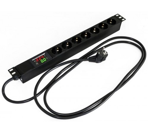 SHE19-7SH-AV-2.5EU Блок розеток для 19" шкафов, горизонтальный, 7 розеток Schuko, амперметр/вольтметр, 482.6x44.4x44.4мм  412282  Hyperline