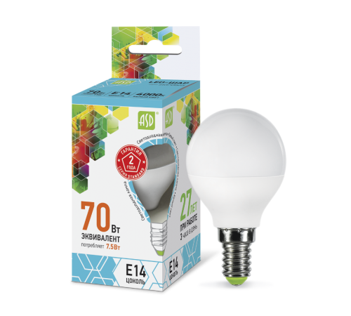 Лампа светодиодная LED-ШАР-standard 7.5Вт 230В Е14 4000К 675Лм  4690612003979  ASD