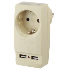 Разветвитель электрический ЭРА SP-1e-USB-I на 1 розетку + 2 USB с заземлением 16А сл. кость   Б0027836  ЭРА