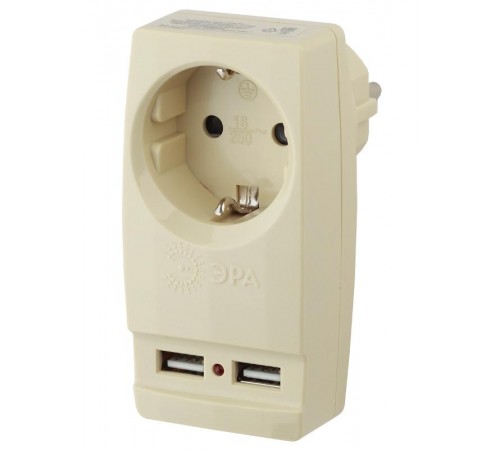 Разветвитель электрический ЭРА SP-1e-USB-I на 1 розетку + 2 USB с заземлением 16А сл. кость   Б0027836  ЭРА