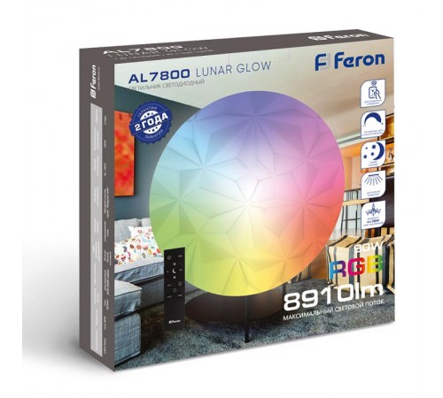 Светильник светодиодный стационарный с пультом 90W, Max. 8910Lum, 3000К-6400K, AL7800 Lunar glow RGB (45438.45.90.77RGB)  41747  FERON