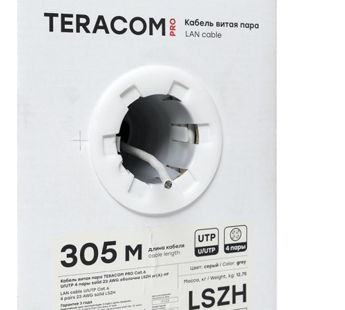 Кабель витая пара TERACOM PRO Cat.6 U/UTP 4 пары solid 23AWG нг(А)-HF серый упак. 305м  TRP-6UTP-04LSH-GY-IN3  EKF