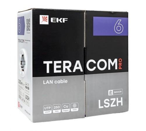 Кабель витая пара TERACOM PRO Cat.6 U/UTP 4 пары solid 23AWG нг(А)-HF серый упак. 305м  TRP-6UTP-04LSH-GY-IN3  EKF