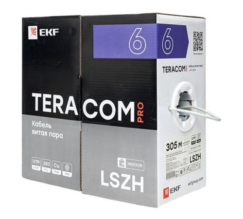 Кабель витая пара TERACOM PRO Cat.6 U/UTP 4 пары solid 23AWG нг(А)-HF серый упак. 305м  TRP-6UTP-04LSH-GY-IN3  EKF