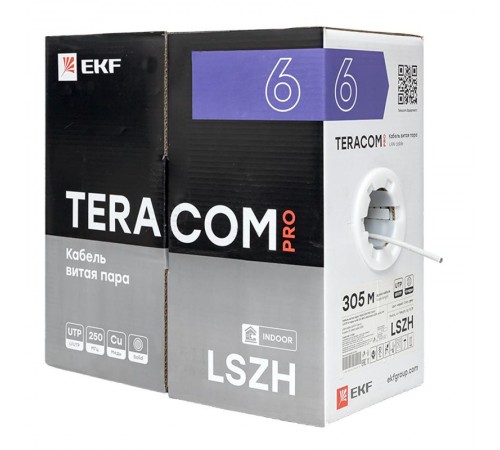 Кабель витая пара TERACOM PRO Cat.6 U/UTP 4 пары solid 23AWG нг(А)-HF серый упак. 305м  TRP-6UTP-04LSH-GY-IN3  EKF