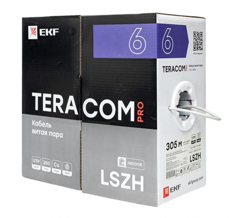 Кабель витая пара TERACOM PRO Cat.6 U/UTP 4 пары solid 23AWG нг(А)-HF серый упак. 305м  TRP-6UTP-04LSH-GY-IN3  EKF