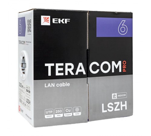 Кабель витая пара TERACOM PRO Cat.6 U/UTP 4 пары solid 23AWG нг(А)-HF серый упак. 305м  TRP-6UTP-04LSH-GY-IN3  EKF