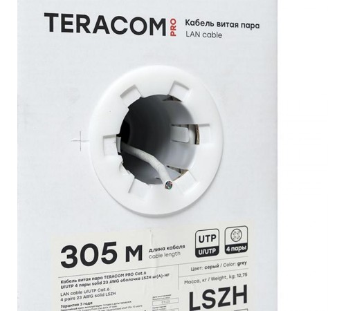 Кабель витая пара TERACOM PRO Cat.6 U/UTP 4 пары solid 23AWG нг(А)-HF серый упак. 305м  TRP-6UTP-04LSH-GY-IN3  EKF