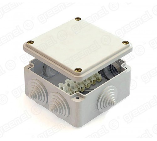 Коробка распределительная для о/п облегченного типа с клеммной колодкой RAL7035 100х100х45, IP44 , 6 вводов (48шт)  GE41232-07  GREENEL