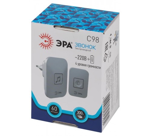 Звонок дверной C98 беспроводной, от сети, белый, 60 мелодий  Б0054089  ЭРА