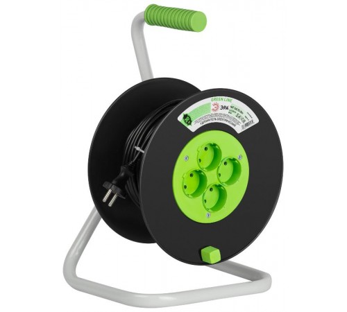 Удлинитель силовой ЭРА GREEN LINE KAT-2x0.75-30m Greenline на катушке пластик 4 розетки без заземления 30м ПВС 2x0.75мм2   Б0065140  ЭРА