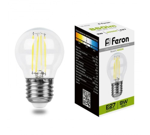 Лампа светодиодная LB-509 (9W) 230V E27 4000K филамент G45 прозрачная  38004  FERON