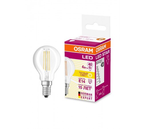 Лампа светодиодная филаментная LED STAR Classic P 4W, прозрачная колба, Е14 LEDSCLP40 4W/827 230V FIL E14 FS1  4058075068377  Osram