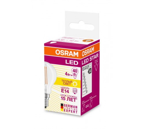 Лампа светодиодная филаментная LED STAR Classic P 4W, прозрачная колба, Е14 LEDSCLP40 4W/827 230V FIL E14 FS1  4058075068377  Osram