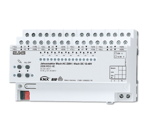 Актуатор жалюзи 8 групп AC 110 - 230 В, 4 группы DC 12 - 48 В, монтаж на DIN-рейку, 8 модулей; KNX  2508REGHE  Jung